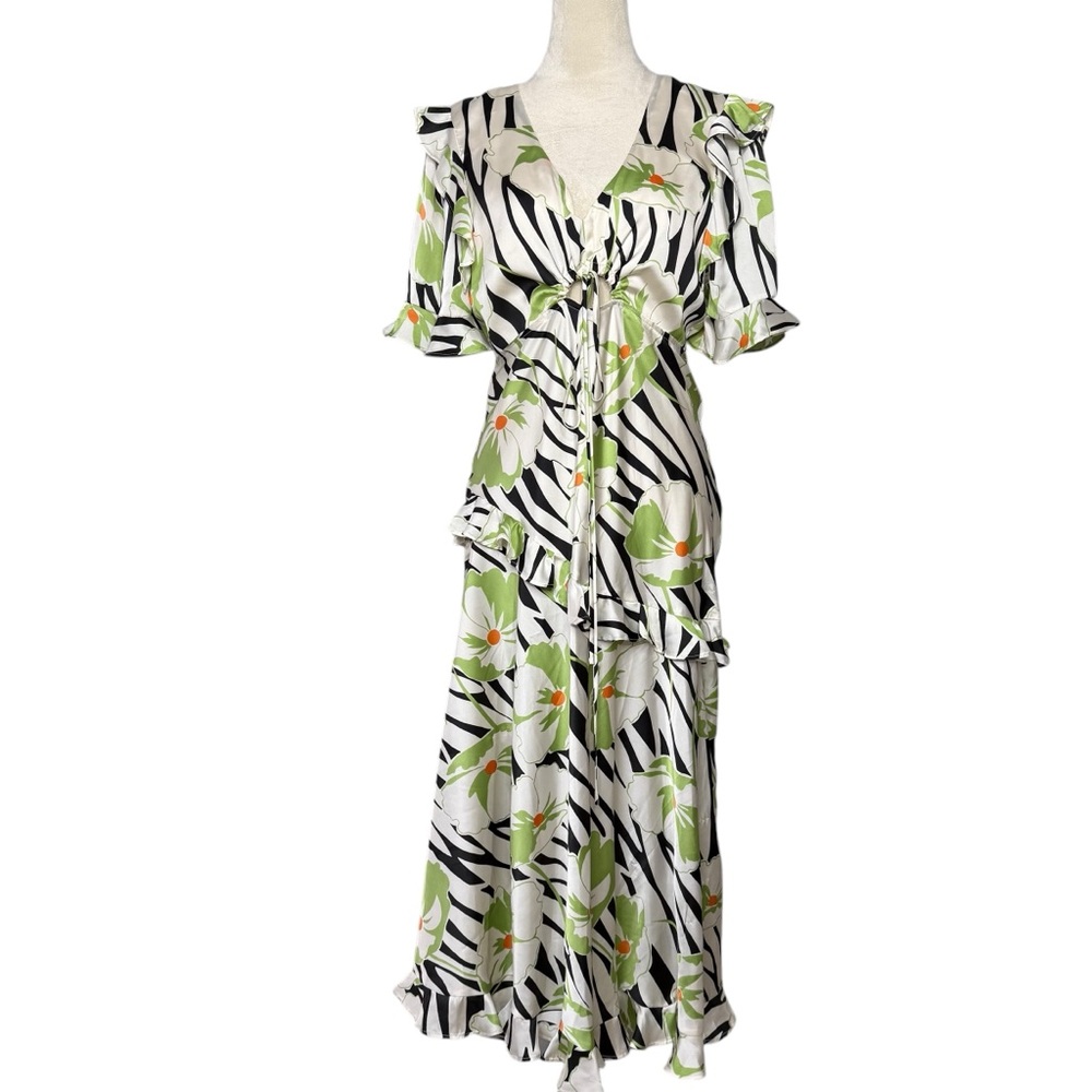 Jill Jill Stuart Floral-Print Short-Sleeve Satin Ruffle Dress‎ with Cutout